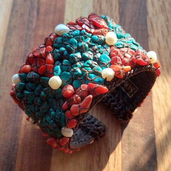 SOMS TH Handcrafted Arizona River Turquoise Red Coral Pearl Artisan Beaded Cuff - Picture 1 of 7